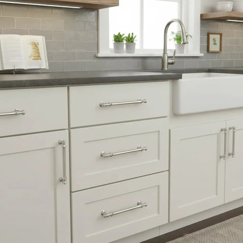 Kitchen scene showing cabinets with 10 Pack Brushed Satin Nickel Cabinet Pulls With 5 Inch Hole Centers Vintage Kitchen Hardware