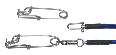 Durable Spearfishing Float Line for Freediving and Speargun Gear, close-up of metal swivels and clips with blue tubing