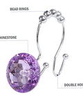 Purple Stainless Steel Shower Curtain Rings Set With Rust Resistant Double Hooks For Slick Glide And Easy Hanging Of Curtain And Liner, Decorative Rhinestone Bathroom Hooks showing close-up of purple rhinestone and double hook.