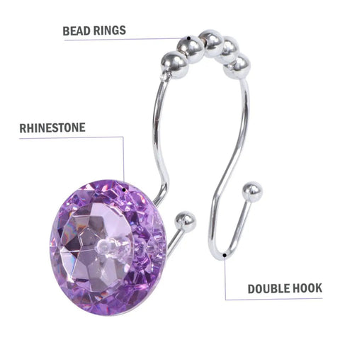 Purple Stainless Steel Shower Curtain Rings Set With Rust Resistant Double Hooks For Slick Glide And Easy Hanging Of Curtain And Liner, Decorative Rhinestone Bathroom Hooks showing close-up of purple rhinestone and double hook.