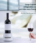 No Fuss Desktop Cup Cooler And Warmer, Instant Beverage Chiller For Coffee Tea And Beer with wine bottle and glass on desk.