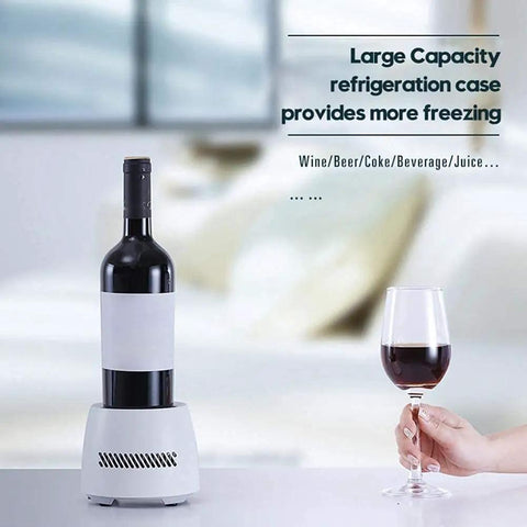 No Fuss Desktop Cup Cooler And Warmer, Instant Beverage Chiller For Coffee Tea And Beer with wine bottle and glass on desk.