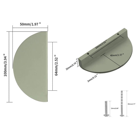Dimensions of Green Half Moon Drawer Pulls 2.5 Inch with screws for kitchen and bedroom furniture, aluminum alloy, smooth edges.