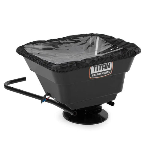 12 Volt ATV UTV Broadcast Spreader With Rain Cover 80 LB Capacity Front Or Back Mount Workhorse shown in black with clear cover