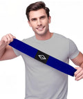 Man holding Medium Blue Golf Swing Arm Band Training Aid For Newbies, Keeps Arms Straight And Body Aligned, Correct Swing Gesture