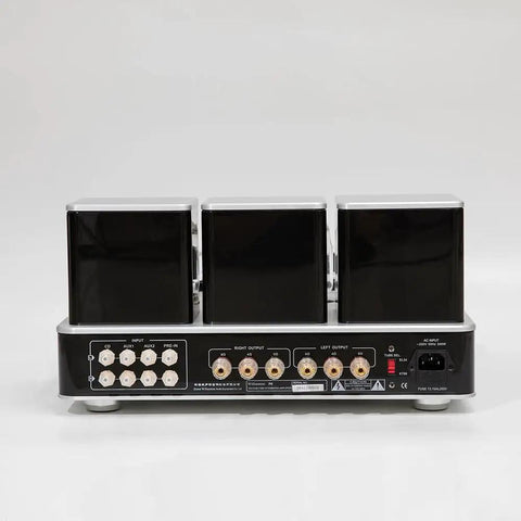 Rear view of Quad KT88 Tube Amplifier HiFi Integrated Amp with inputs and outputs, silver finish, upgraded December 2023