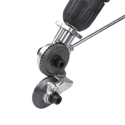Electric Drill Plate Cutter And Double Headed Shear Drill Attachment For Metal Nibbling, Pro Grade Accessory, side view close-up