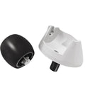 Front view of white plastic directional wheel accessory with black caster wheel, Roborock-compatible.