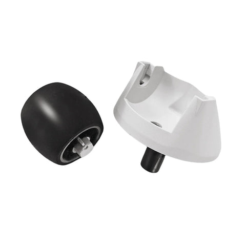 Front view of white plastic directional wheel accessory with black caster wheel, Roborock-compatible.