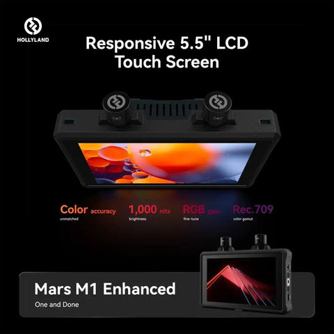Hollyland Mars M1 Wireless Video Transmission Kit With 4K HDMI SDI Remote Monitor and 450ft Long Range Pro Production Bundle for Cinematography Teams with 5.5 inch responsive LCD touch screen.
