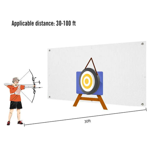 Illustration of 65Lb Archery Backstop for Backyard Target Practice, showing distance and target with high density fiber cloth