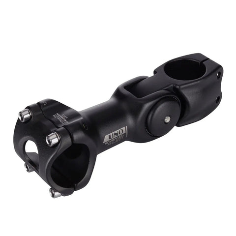 Adjustable 31.8mm MTB handlebar stem, 110mm length, 0 to 60 degrees, fits 1.25 inch bars, black matte finish shown at side angle