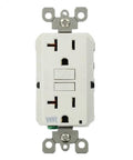 Top Tier Weather Resistant Gfci Outlet Receptacle With Auto Self Test And Bright Led Light 20 Amp White Duplex shown from front view.