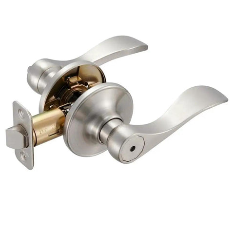 Brass Privacy Door Lever And 3 Pack Hinges In Satin Nickel Finish, Reversible Handle For Bedroom Or Bathroom Interior Doors, ANSI Grade 3