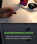 Person holding Stage Scene Smart Remote For Apple HomeKit With Thread Dope Easy Control Of Smart Lights And Switches on table.
