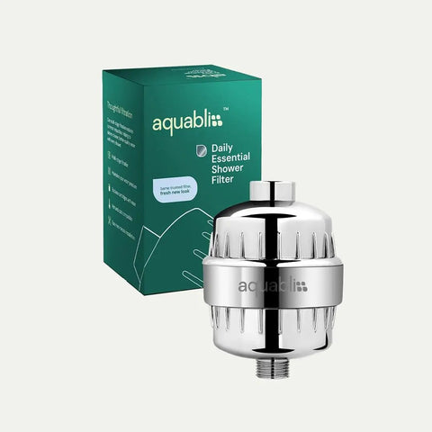 High Output Universal Shower Filter With Replaceable Multi Stage Cartridge Reduces Chlorine And Odor For Clearer Skin Itchy Skin Eczema Acne And Faster Hair Nails And Skin Health In Chrome Finish next to product box