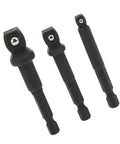 Get A Durable Chrome Vanadium Socket Adapter Kit That Fits Your Electric Drill For Quick Fixes And DIY Projects With Secure 1/2 3/8 And 1/4 Inch Versatile Drive Adaptors Built Tight For Real Tough Stuff, three black drill adapters