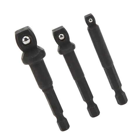 Get A Durable Chrome Vanadium Socket Adapter Kit That Fits Your Electric Drill For Quick Fixes And DIY Projects With Secure 1/2 3/8 And 1/4 Inch Versatile Drive Adaptors Built Tight For Real Tough Stuff, three black drill adapters