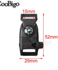 Ten Piece Pack Black Compass Flint Scraper Fire Starter Whistle Buckle Paracord Bracelet For Outdoor Camping Prepper Ready Survival Travel Kits With Fifty Two By Twenty Nine Millimeter Case And Fifteen Millimeter Webbing Gear, product dimensions and compass detail shown.