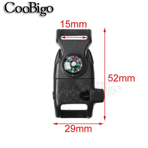 Ten Piece Pack Black Compass Flint Scraper Fire Starter Whistle Buckle Paracord Bracelet For Outdoor Camping Prepper Ready Survival Travel Kits With Fifty Two By Twenty Nine Millimeter Case And Fifteen Millimeter Webbing Gear, product dimensions and compass detail shown.