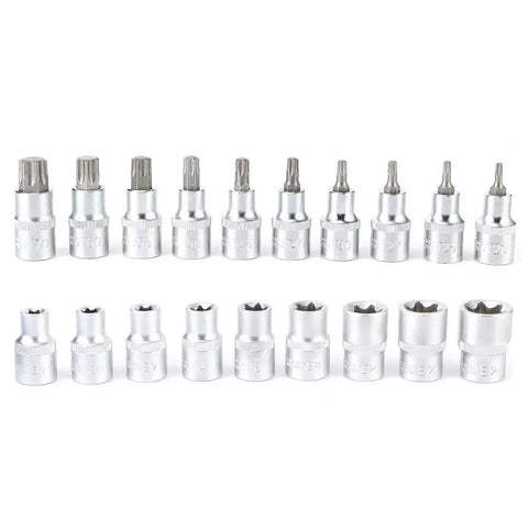 19 Piece Set 2 Inch Drive Star Hex Socket Bit Kit For Car Repair And Maintenance with male and female sockets on white background