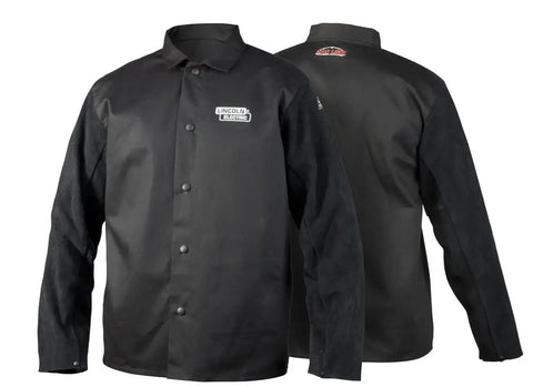 Black leather sleeved FR cotton jacket from Intermediate Welding Gear Ready Pak With 18 Piece PPE And Tool Kit