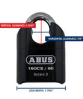 Front view of 190CS 60 High Security Solid Steel Combination Padlock with dimensions highlighted