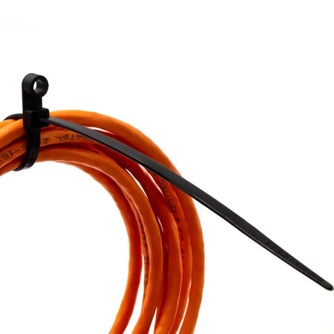 Heavy Duty 12 Inch Nylon Cable Ties With Screw Mount Head 50 Pound Tensile Strength Clear White Zip Cords, black tie securing orange cables.