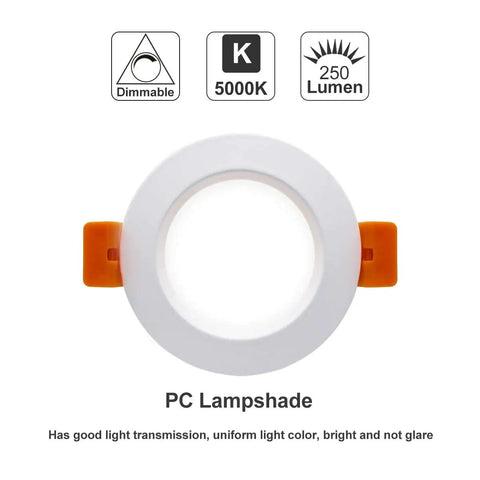 2 Inch LED Recessed Lighting Kit Energy Saver Dimmable Downlight 3W Replaces 35W Halogen CRI80 5000K Daylight White Ceiling Light front view
