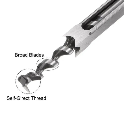 Close-up of High Carbon Steel Square Hole Drill Bit For Woodworking Hollow Chisel Mortiser 19mm showing broad blades and self-direct thread.