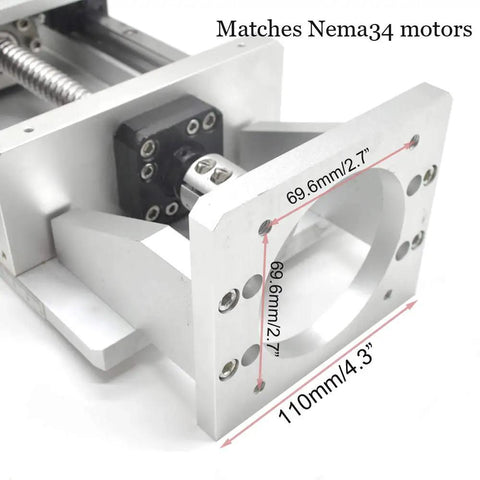 Close-up of Beefy Heavy Duty Sliding Table Travel Kit with motor bracket for Nema 34, visible rail guides, and ball screw.