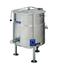 Heavy Iron Workhorse Commercial Electric Kettle With 100 Gallon Capacity And Two Thirds Steam Jacket Setup Built For High Output Pro Shops Featuring Tri Leg Base And Streamlined Strainer, shown from a side angle.