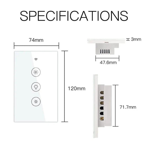 Smart WiFi Dimmer Switch with RF Remote Control Tuya Smart Life App Compatible 2 Way and 3 Way Multi Control specifications showing dimensions.