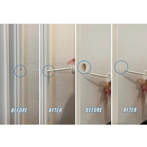 Before and after of wall scratch repair using Multi Surface White Touch Up Paint Pen For Interior And Exterior Scratch Repair On Walls Doors Cabinets Wood And Furniture Water Based Low Odor No Mess Easy To Use 1.5 Fl Oz Perfect White Quick Coverage For Dings And Scratches.