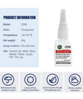 Clear Ceramic And Tile Repair Glue For Mug Metal Plastic Wood Rubber Glass Silicone Leather And Other Materials Fast Bond Transparent And Durable Instant Adhesive For DIY Crafts 20g bottle with features and product information displayed.