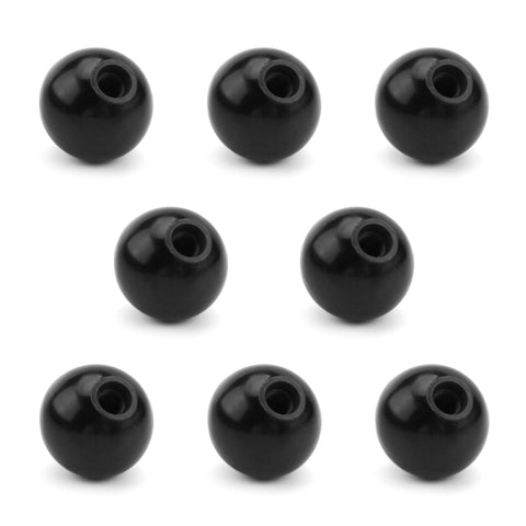 Five Pack Black Threaded Ball Knobs With 2 Inch Diameter Female Thread 5/8 Inch Depth 1/16 Inch Thread Pitch 1/2 Inch Female Thread Diameter Bakelite Thermoset Handle Ideal For Control Levers Push Pull Rods Lawn Mowers And Equipment, front view.