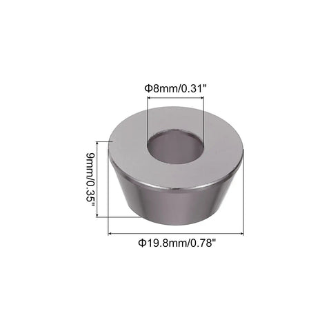 M8 Cone Cup Washers Anodized Aluminum Titanium Gray with dimensions, designed for RC Drones Cars and Modded Builds, top view.