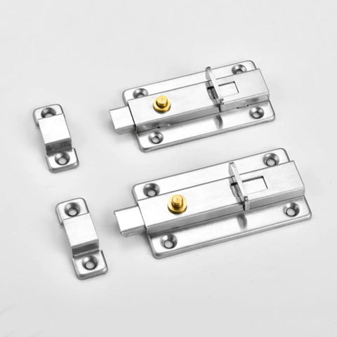 Set of stainless steel automatic spring safety lock door latch for bathroom, featuring multiple sizes and configurations.