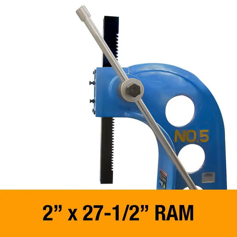 Heavy Duty Five Ton Arbor Press With Eight Point Five Inch Throat Opening And Rock Solid Two Inch Square Ram for precision tasks.