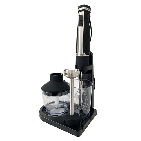 Professional Grade Commercial Blending Machine With A Badass 1800 Watt Motor And Dead Simple Variable Speed Settings For Top Shelf Bar Mixes And Cafe Kitchens In Rust Proof Stainless Steel with attachments and base.