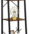 Rustic Brown Ladder Shelf Corner Bookcase Industrial Style Freestanding Multipurpose Display Rack For Books Plants And Cozy Home Setup With Heavy Duty Frame featuring five wooden shelves with decorative plants and books.