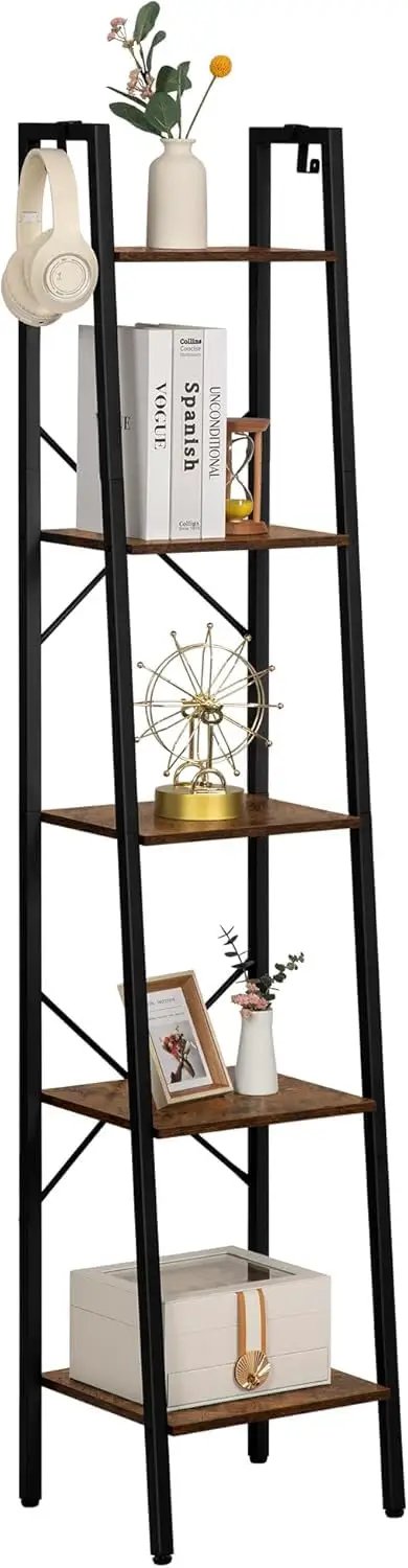 Rustic Brown Ladder Shelf Corner Bookcase Industrial Style Freestanding Multipurpose Display Rack For Books Plants And Cozy Home Setup With Heavy Duty Frame featuring five wooden shelves with decorative plants and books.