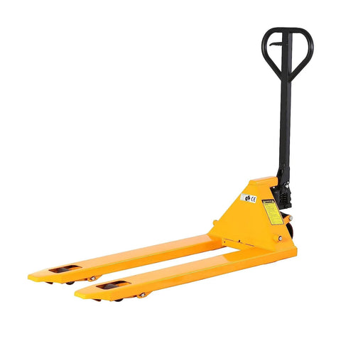 Yellow manual pallet jack with black handle used in warehouses, not showing Replacement Pallet Jack Wheel Set 7x2 Inch Red Polyurethane Rollers Pair For Manual Pallet Trucks With 6204 Bearings 20mm ID 47mm OD Two Inch Hub Length.