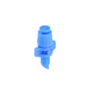 Blue micro spray jet drip emitter with 10 to 32 threaded inlet for garden watering half circle fan pattern, ideal for groundcovers and beds.