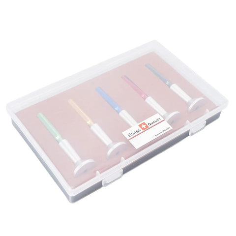 Five Piece Watch Lubricant Oiler Set With Fine Tip Oil Pin Pen For Delicate Gears in clear case, showcases colored oil pens