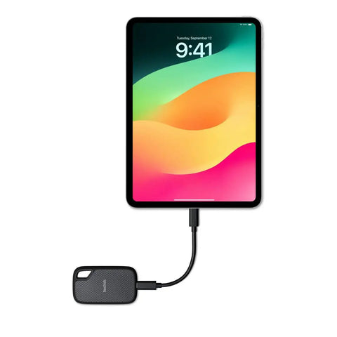 2TB Extreme Portable SSD For Crazy Fast Transfers And Backups On iPhone iPad And MacBook External Solid State Drive Up To 1000 MB Per Second Read And 950 MB Per Second Write Renewed connected to iPad