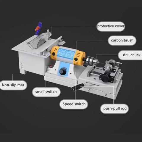 Gemstone Polisher Grinder Buffer Machine For Jewelry Making, Mini Table Saw with labeled parts and 750W motor