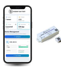 Image of Smart WiFi Asset Tracker alongside smartphone app, showcasing monitoring and control features for equipment.