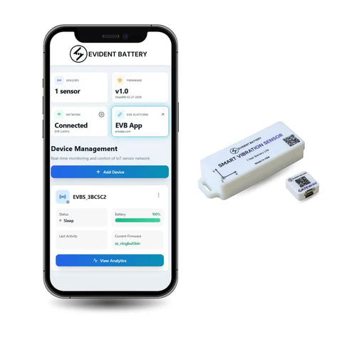 Image of Smart WiFi Asset Tracker alongside smartphone app, showcasing monitoring and control features for equipment.