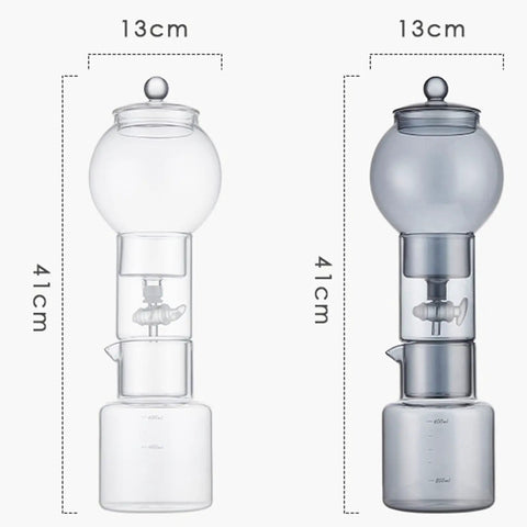 Premium Glass Cold Brew Drip Tower With Adjustable Flow Dripper For Smooth Cold Extraction Coffee Maker 600 Milliliter Gray Body side by side with transparent model